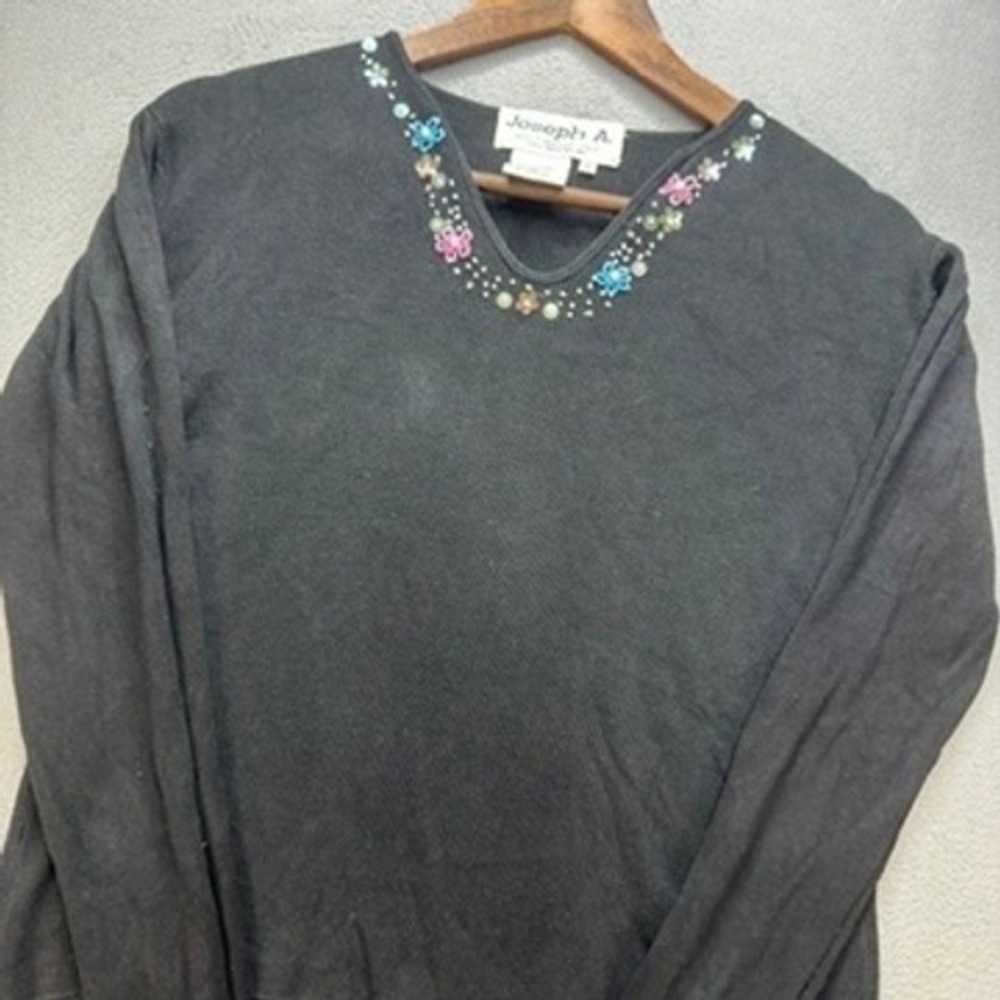 Joseph A Beaded Floral V Neck Silk Sweater Silk XL Black Long Sleeve Knitwear